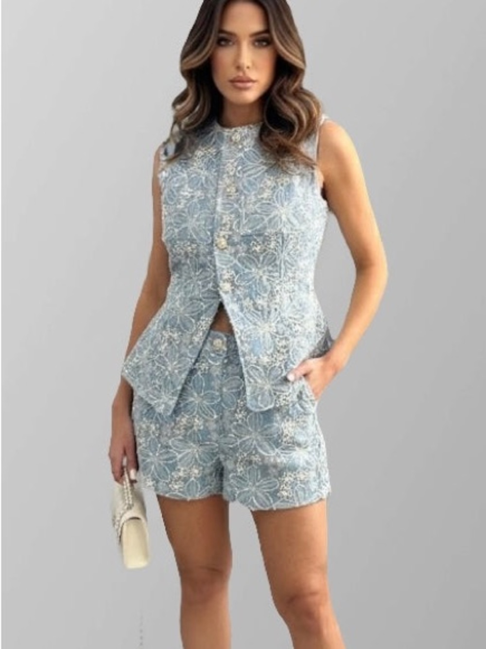 Nala Light Blue Embroidered Vest & Shorts 2 Piece Set